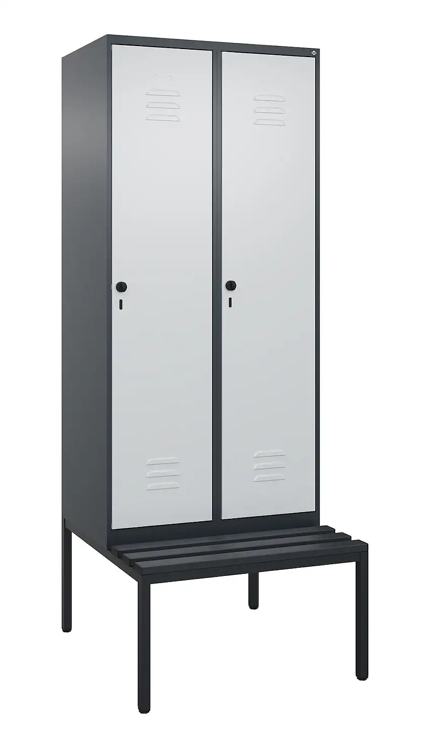 C+P Spind Classic PLUS mit untergebauter Sitzbank aus Kunststoff | 2 Abteile mit Mitteltrennwand | HxBxT 212x80x81,5cm | Sicherheits-Drehriegel | Stahl | Anthrazitgrau/Lichtgrau