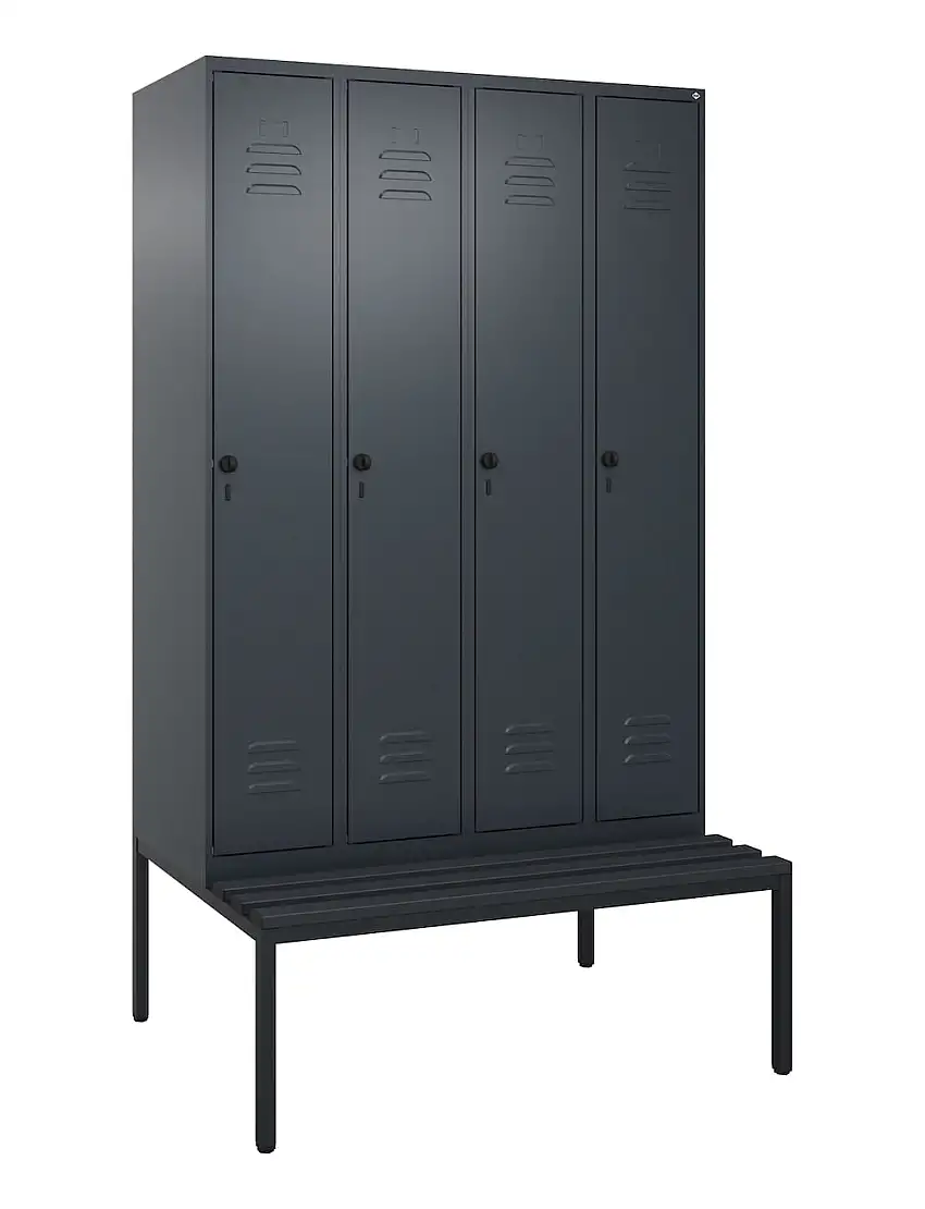 C+P Spind Classic PLUS mit untergebauter Sitzbank aus Kunststoff | 4 Abteile | HxBxT 212x120x81,5cm | Sicherheits-Drehriegel | Stahl | Anthrazitgrau/Anthrazitgrau