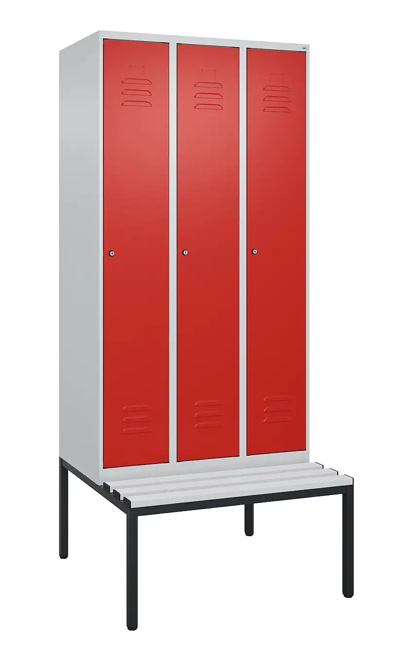 C+P Spind Classic PLUS mit untergebauter Sitzbank aus Kunststoff | 3 Abteile mit Mitteltrennwand | HxBxT 212x90x81,5cm | Zylinderschloss | Stahl | Lichtgrau/Verkehrsrot