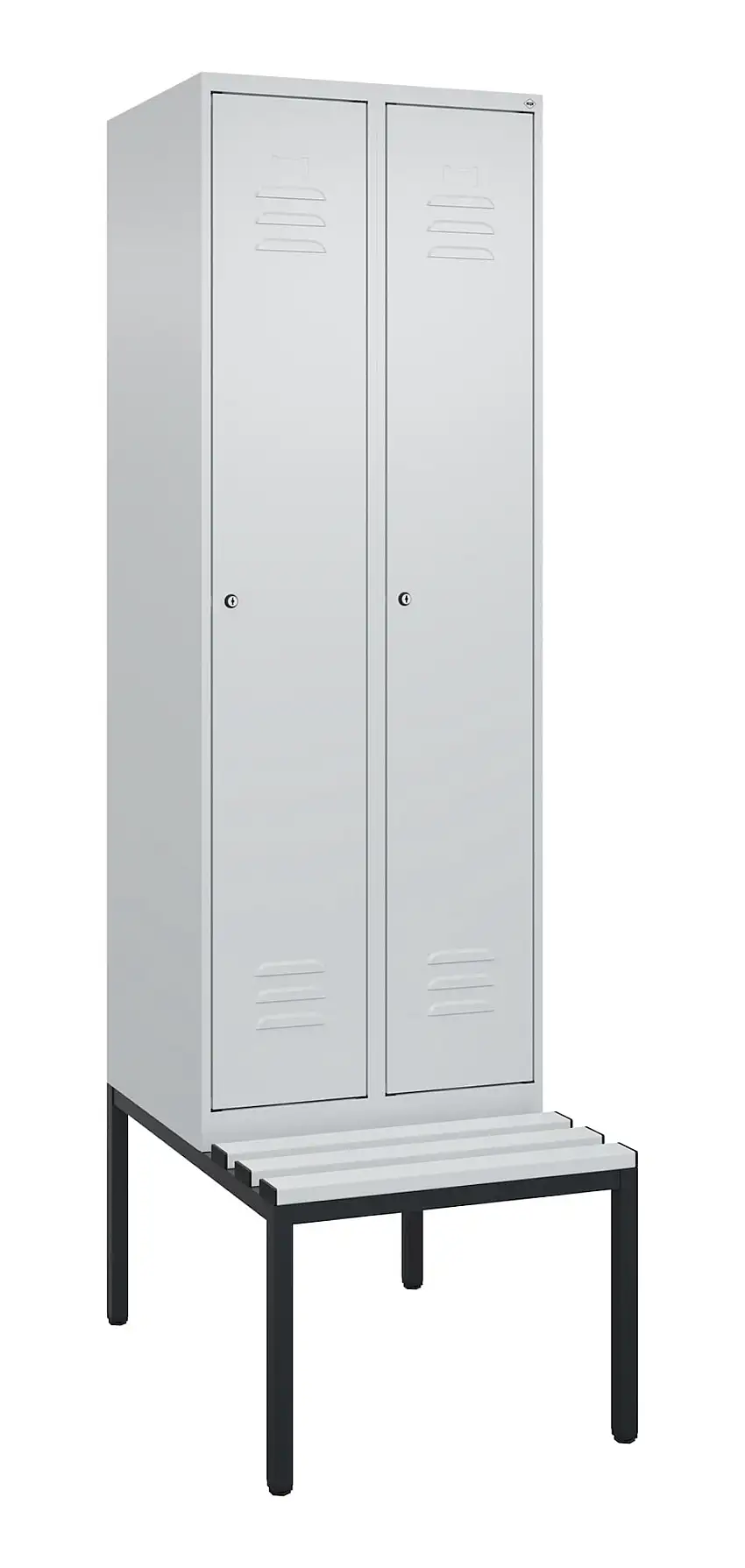 C+P Spind Classic PLUS mit untergebauter Sitzbank aus Kunststoff | 2 Abteile mit Mitteltrennwand | HxBxT 212x60x81,5cm | Zylinderschloss | Stahl | Lichtgrau/Lichtgrau
