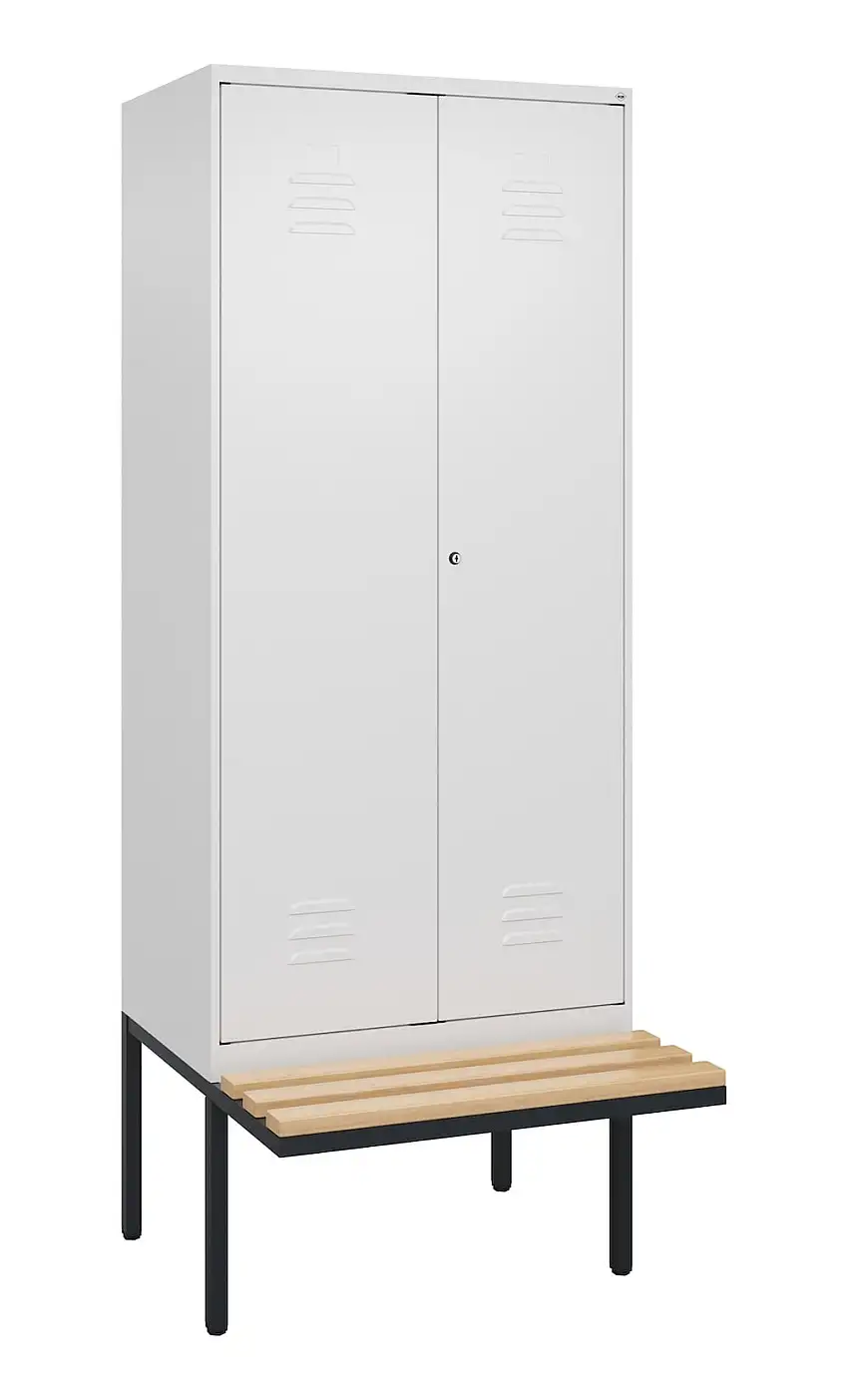 C+P Doppel-Spind Classic PLUS mit schwebender Sitzbank aus Buche-Hartholz | 2 Abteile | HxBxT 212x80x81,5cm | Zylinderschloss | Stahl | Verkehrsweiß/Verkehrsweiß