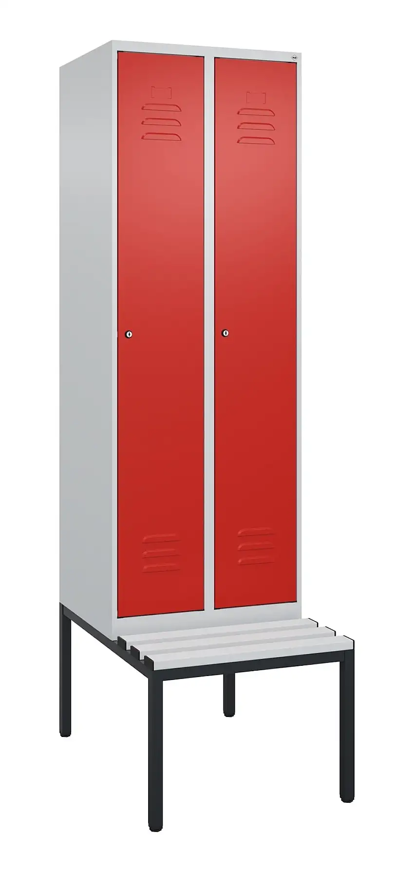 C+P Spind Classic PLUS mit untergebauter Sitzbank aus Kunststoff | 2 Abteile mit Mitteltrennwand | HxBxT 212x60x81,5cm | Zylinderschloss | Stahl | Lichtgrau/Verkehrsrot