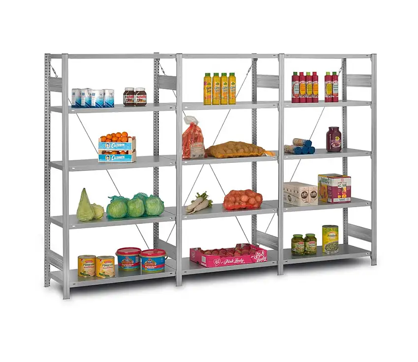 Edelstahl Fachbodenregal Stecksystem MAGNUS Made in Germany | Grundregal | HxBxT 200x100x50cm | 5 Ebenen | Geschlitzter Fachboden zur Belüftung | Fachlast 150kg | Edelstahl