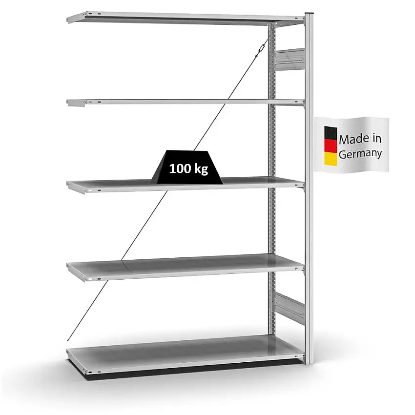 Profi-Lagerregal Stecksystem MAGNUS Made in Germany | Anbauregal | HxBxT 200x130x50cm | Fachlast 100kg | Verzinkt