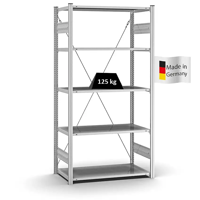 Profi-Lagerregal Stecksystem MAGNUS Made in Germany | Grundregal | HxBxT 200x100x50cm | Fachlast 125kg | Verzinkt