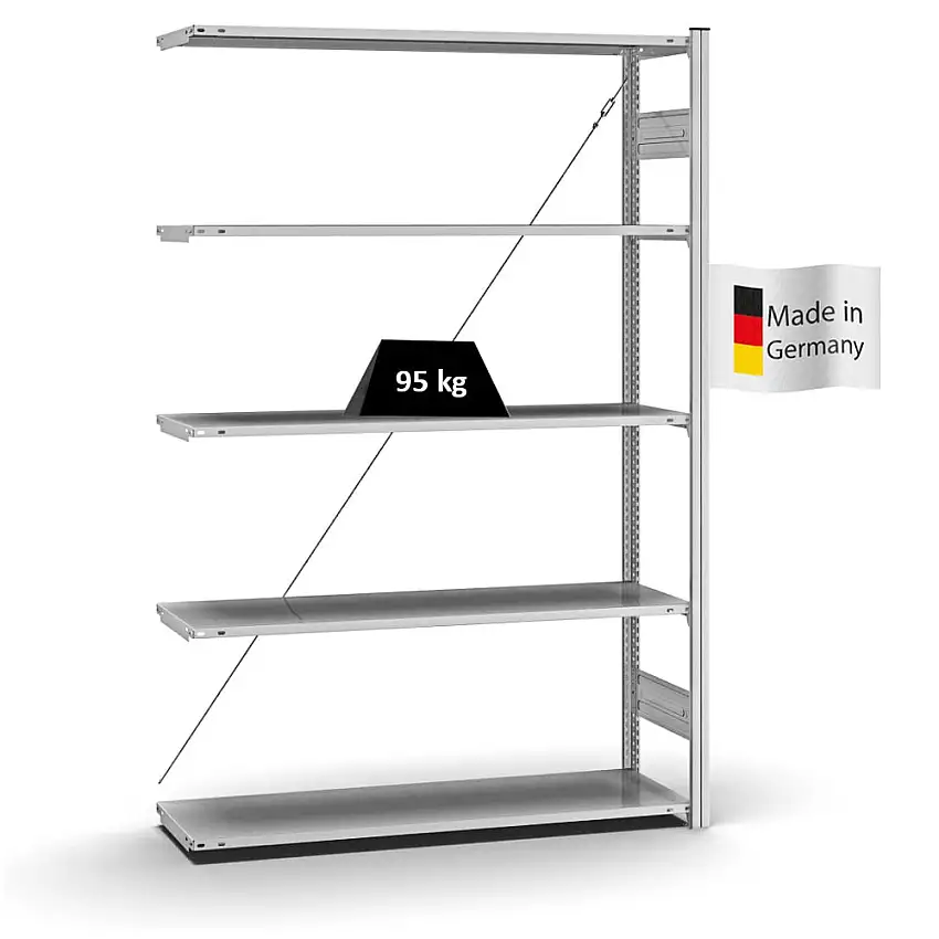 Profi-Lagerregal Stecksystem MAGNUS Made in Germany | Anbauregal | HxBxT 200x130x40cm | Fachlast 95kg | Verzinkt