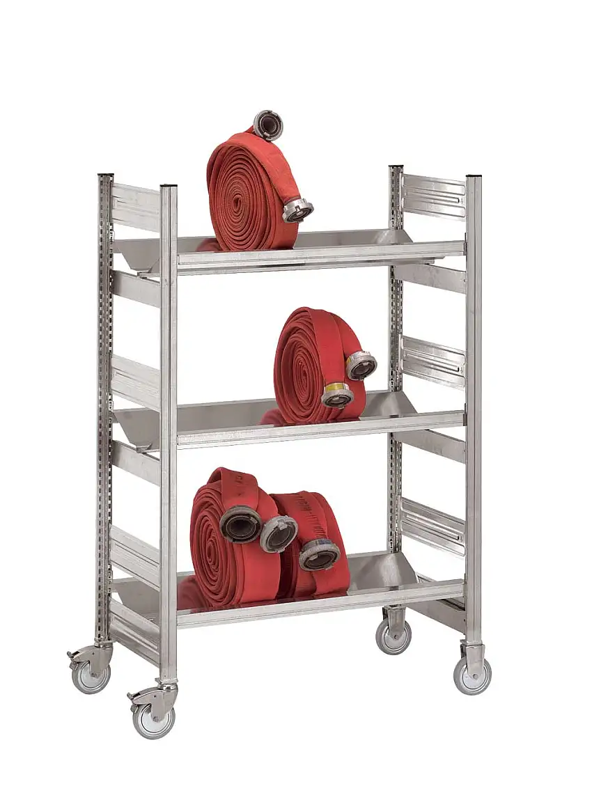 Feuerwehr-Schlauchregal auf Räder Stecksystem MAGNUS Made in Germany | Grundregal | HxBxT 160x100x50cm | 3 Ebenen | Fachlast 100kg | Verzinkt