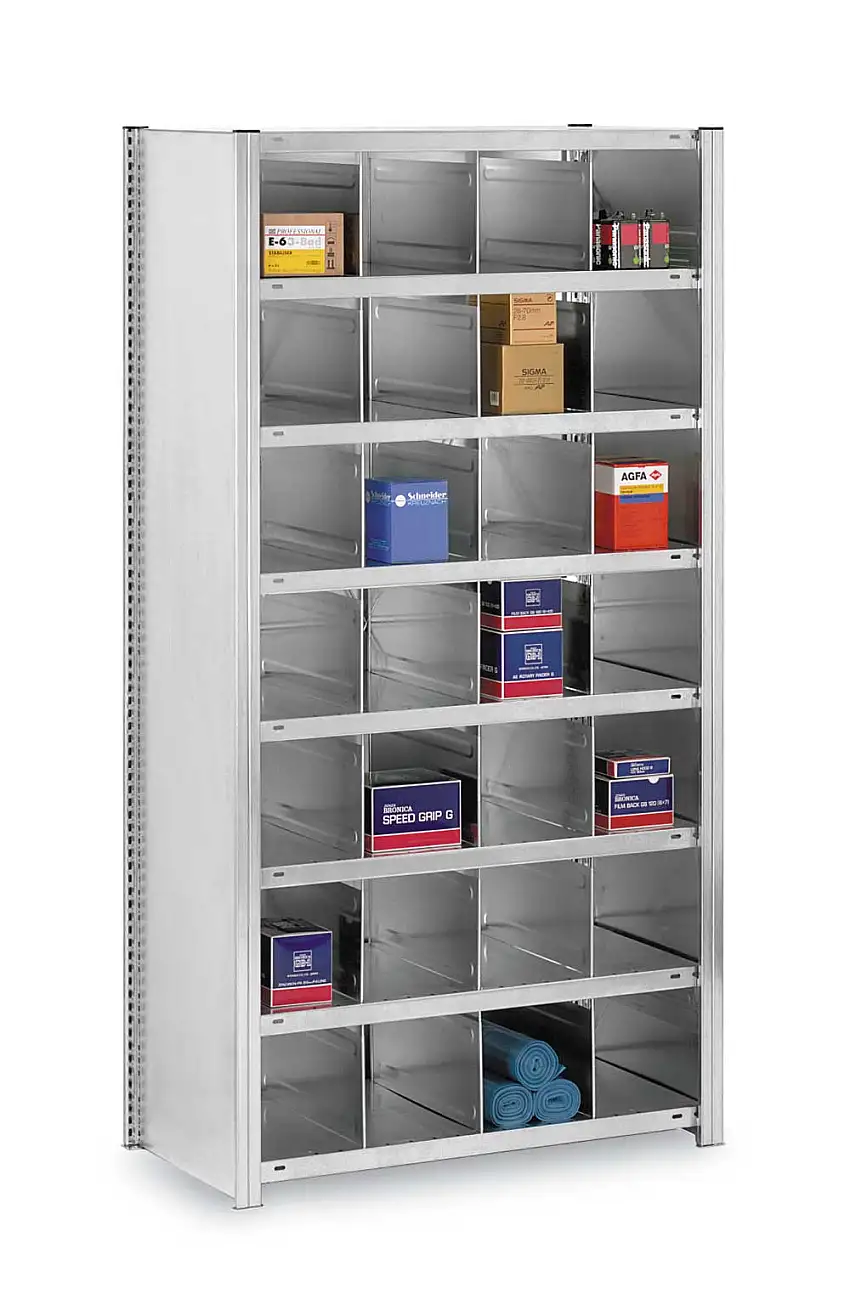 Kleinteileregale Stecksystem MAGNUS Made in Germany | Anbauregal | HxBxT 200x100x50cm | 7 Ebenen | mit 28 Fächern | Fachlast 200kg | Verzinkt