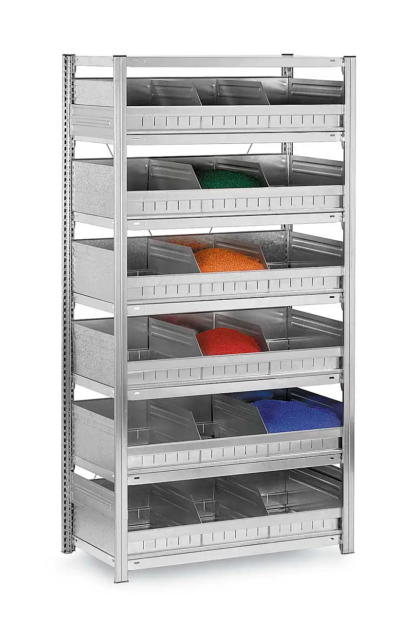 Schüttgutregal Stecksystem MAGNUS Made in Germany | Anbauregal | HxBxT 200x100x30cm | 6 Ebenen | Fachlast 125kg | 18 Schüttgutfächer | Verzinkt