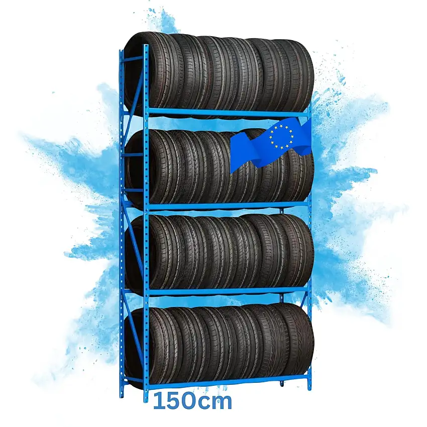 Reifenregal High MAXIMUS | Grundregal | HxBxT 240x150x50cm | 4 Ebenen | 120kg Fachlast | bis zu 24 Reifen | Lichtblau
