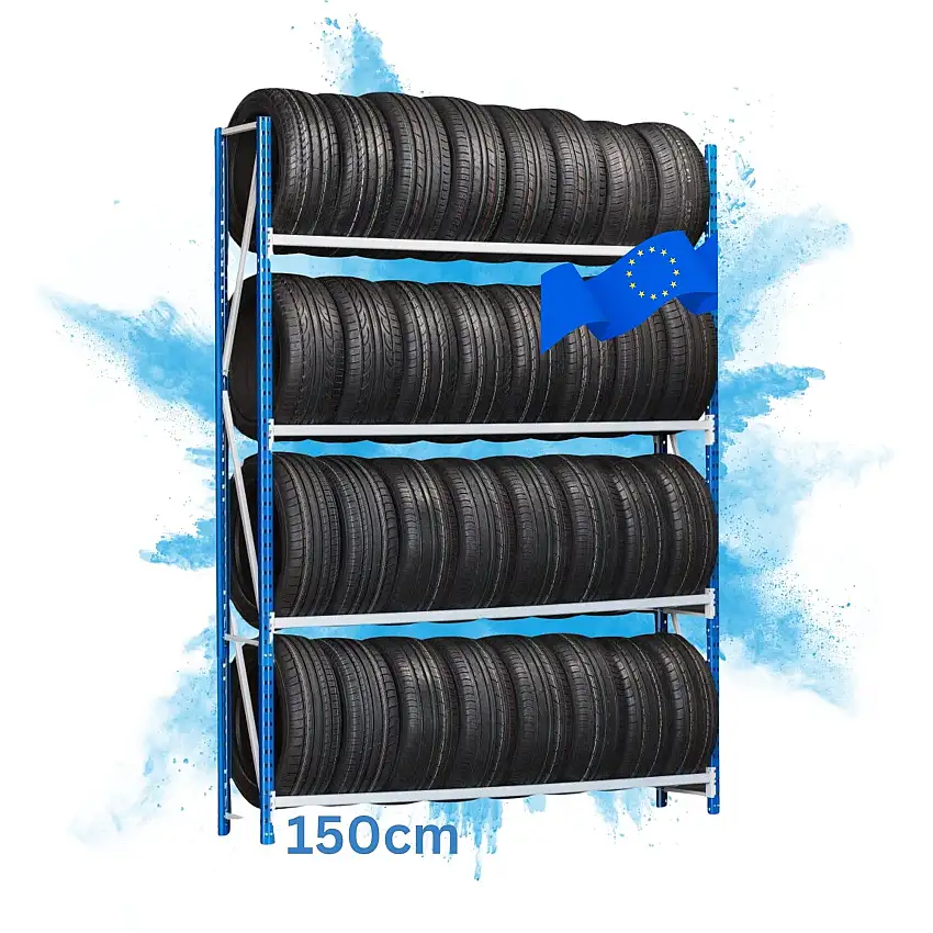 Reifenregal High MAXIMUS Pro | Grundregal | HxBxT 250x150x50cm | 4 Ebenen | 160kg Fachlast | Lichtblau/Lichtgrau