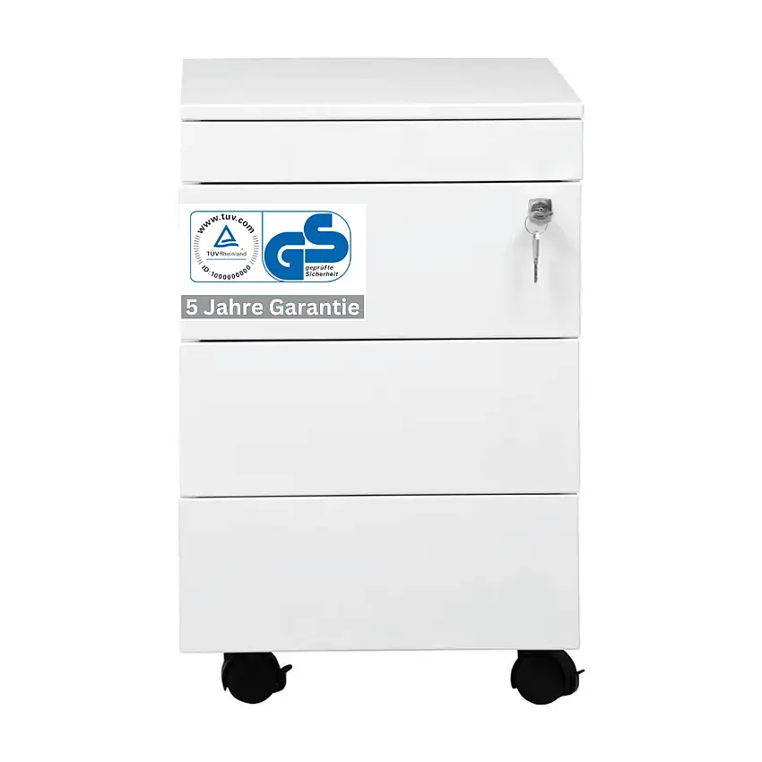 Rollcontainer Eagle | 3+1 Schubladen | Seitengriff + Materialfach | HxBxT 61x40x60 cm | Metalldeckplatte | Weiß