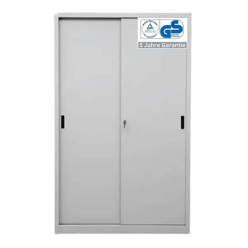 Schiebetürenschrank DINO | 5 Ordnerhöhen | Metalltüren | HxBxT 195x120x45 cm | Grau