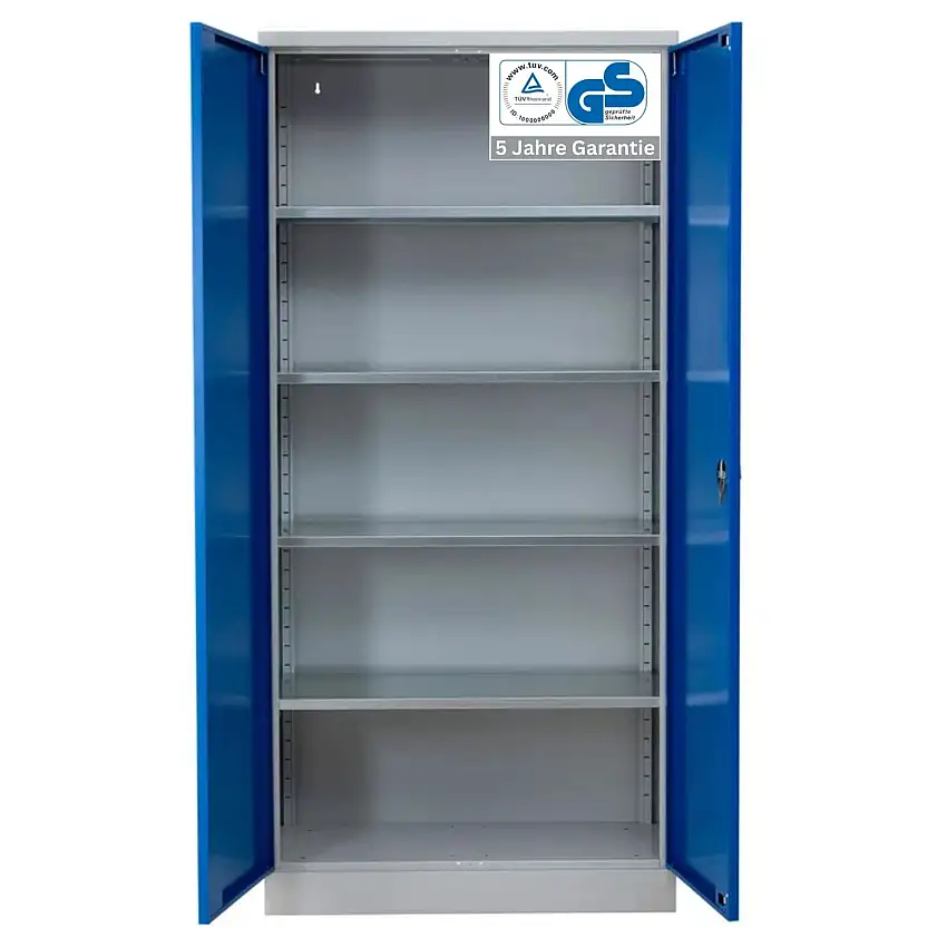 Stahlschrank BEE mit 4 lackierten Fachböden | HxBxT 195x92x60cm | Korpusfarbe Lichtgrau, Frontfarbe Enzianblau | Werkstattschrank Werkzeugschrank Aktenschrank Universalschrank