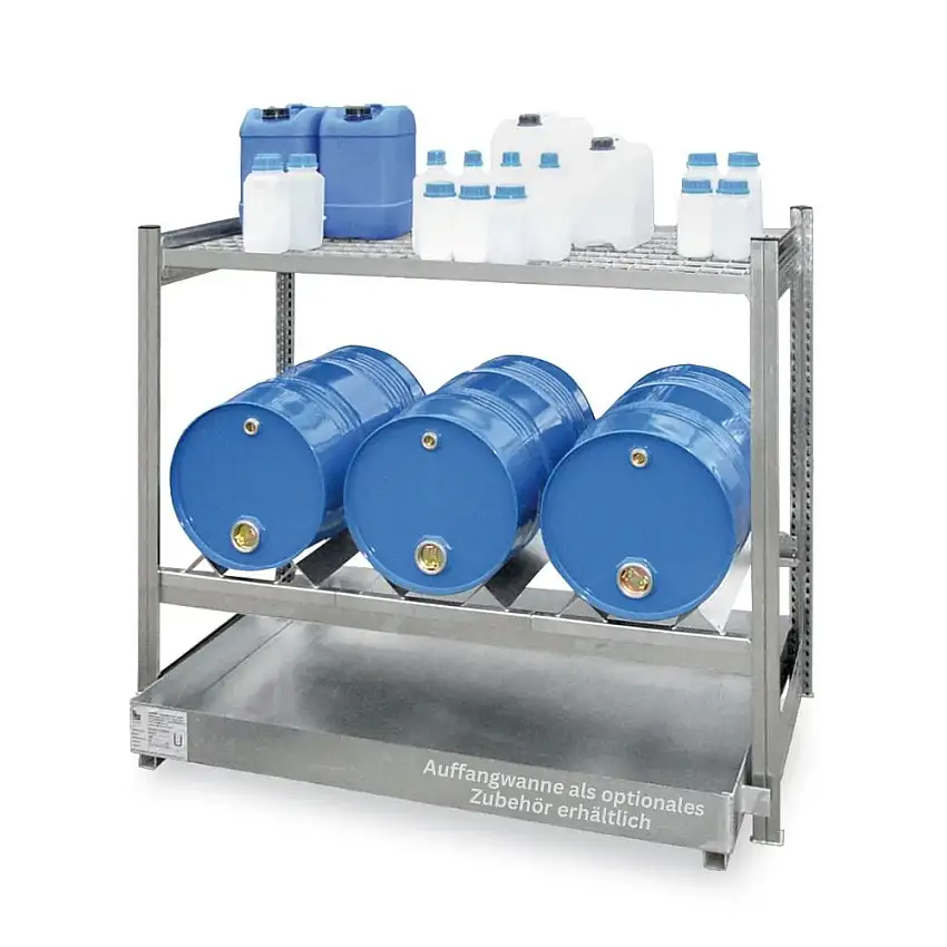 Fassregal MAGNUS Made in Germany für 3x 60-Liter Fässer | Grundregal | HxBxT 115x130x60cm | 1 Ebene für Fässer & 1 Gitterrost-Fachboden | Ohne Auffangwanne | Verzinkt