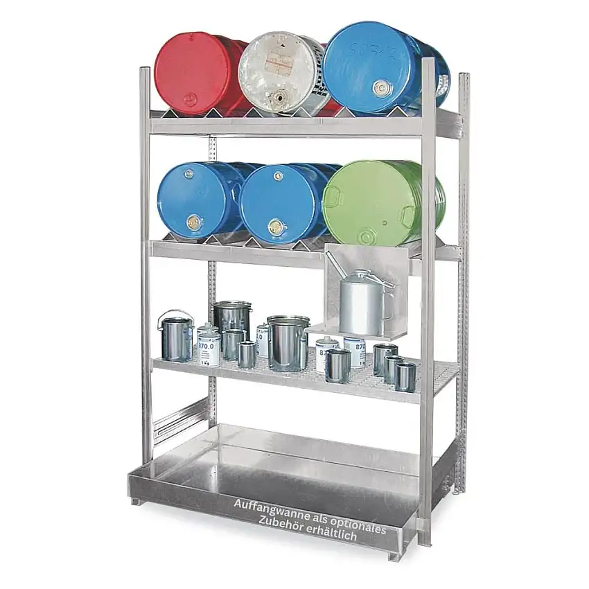 Fassregal MAGNUS Made in Germany für 6x 60-Liter Fässer | Grundregal | HxBxT 200x130x60cm | 2 Ebenen für Fässer & 1 Gitterrost-Fachboden | Ohne Auffangwanne | Verzinkt