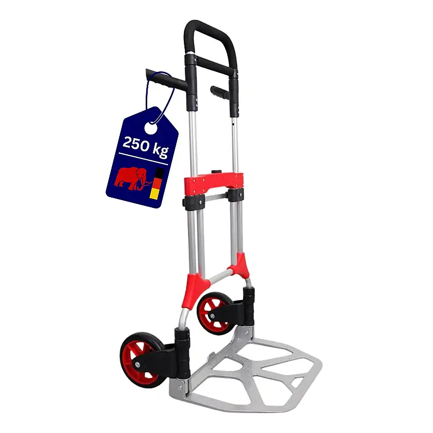 Klappbare Profi-Alu-Sackkarre ELEPHANT | Traglast 250kg | HxBxT 124x60x61cm | Aluminiumrahmen, ergonomische Griffe, pannensichere Vollgummibereifung | Silber | Transportkarre Staplerkarre