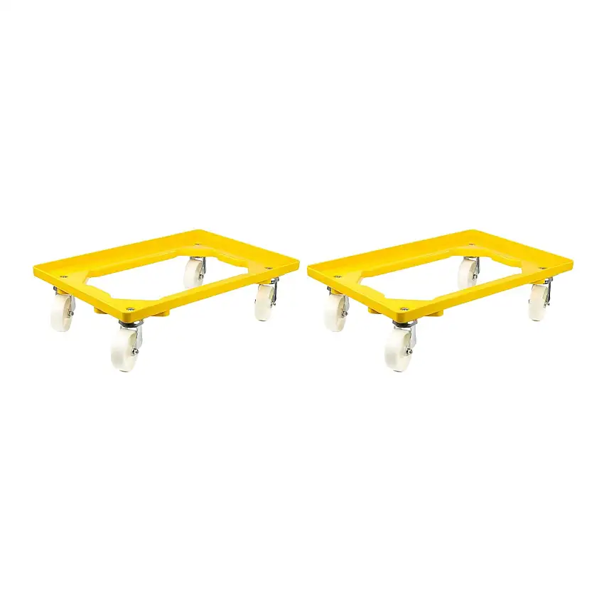 SparSet 2x Transportroller für Euroboxen 60x40cm mit Kunststoffräder gelb | Offenes Deck | 2 Lenkrollen & 2 Bockrollen | Traglast 300kg | Kistenroller Logistikroller Rollwagen Profi-Fahrgestell