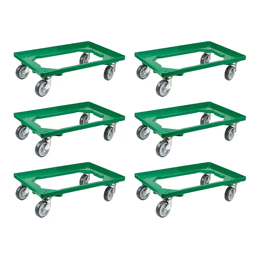 SparSet 6x Transportroller für Euroboxen 60x40cm mit Gummiräder grün | Offenes Deck | 2 Lenkrollen & 2 Bremsrollen | Traglast 300kg | Kistenroller Logistikroller Rollwagen Profi-Fahrgestell