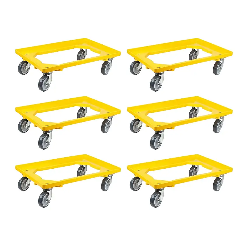 SparSet 6x Transportroller für Euroboxen 60x40cm mit Gummiräder gelb | Offenes Deck | 4 Lenkrollen | Traglast 300kg | Kistenroller Logistikroller Rollwagen Profi-Fahrgestell
