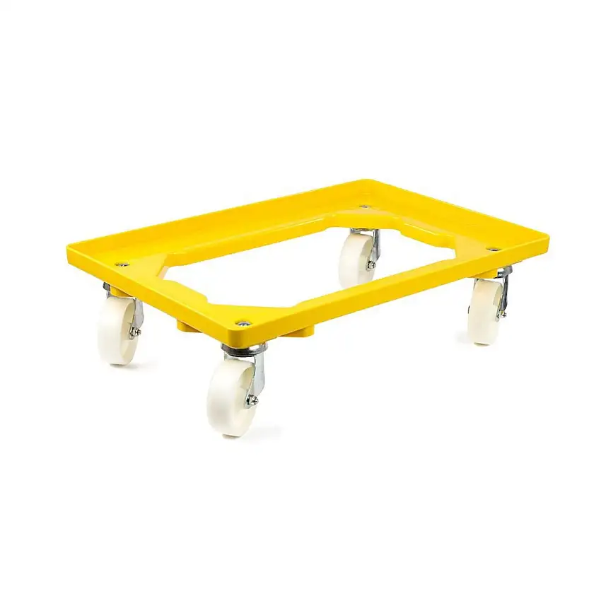 Transportroller für Euroboxen 60x40cm mit Kunststoffräder gelb | Offenes Deck | 2 Lenkrollen & 2 Bremsrollen | Traglast 300kg | Kistenroller Logistikroller Rollwagen Profi-Fahrgestell