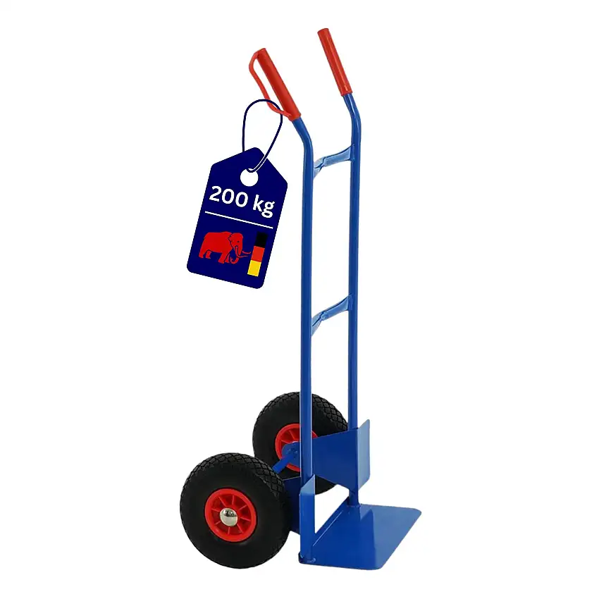 Stahlrohr-Sackkarre mit Standardschaufel & pannensichere PU-Bereifung | Traglast 200kg | HxBxT 118,5x55x45cm | Blau