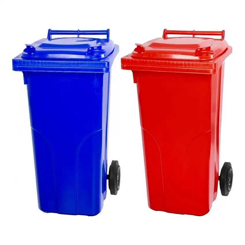 SuperSparSet 2x PROREGAL 2-Rad-Mülltonne MGB | HDPE-Kunststoff | 120 Liter | Blau & Rot