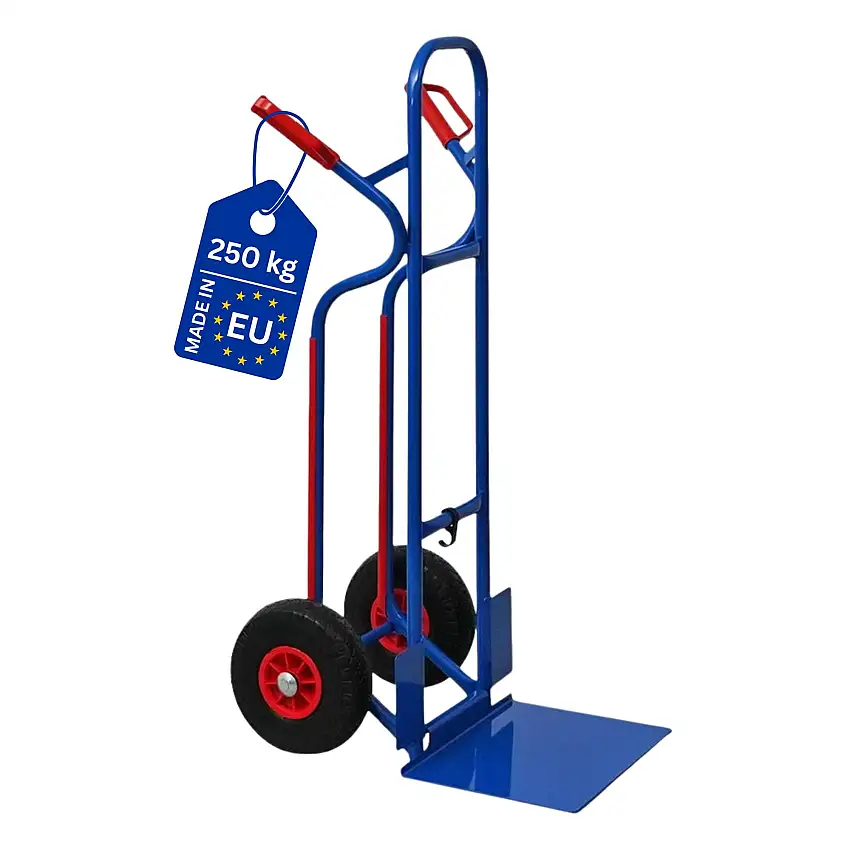 Stahlrohr-Sackkarre RAGNAR mit klappbarer XXL Schaufel, Treppenrutsche & pannensichere PU-Bereifung | Traglast 250kg | HxBxT 117x62,5x62cm | Blau | Transportkarre Staplerkarre klappbar
