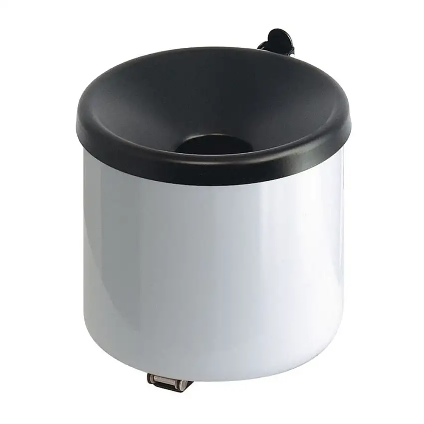Runder Sicherheits-Wandaschenbecher mit Kippvorrichtung | 2 Liter, HxØ 16x16cm | Metall | Weiß mit schwarzem Deckel