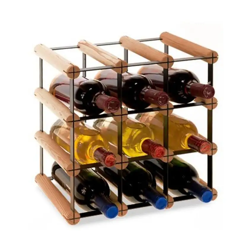 Modulares Weinregal VINOTECA MOD METAL | HxBxT 32,5x32,5x24,5cm | 3x3 Flaschen | Massives Kiefernholz | Braun geölt