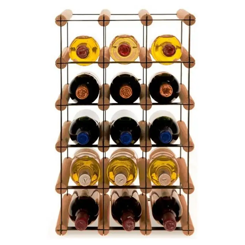 Modulares Weinregal VINOTECA MOD METAL | HxBxT 52,5x32,5x24,5cm | 3x5 Flaschen | Massives Kiefernholz | Braun geölt