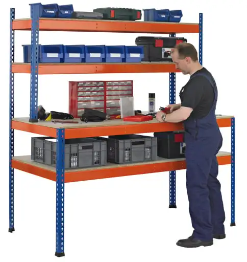 Schulte Werkbank mit Lagerebene & Regalaufsatz | HxBxT 198x245x77,3/32cm | mit Regalebenen | für Tischebene 320kg | Fachlast für Regalebene 200kg | Blau/Orange