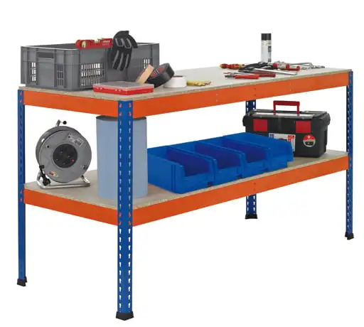 Schulte Werkbank mit Lagerebene | HxBxT 99x184x77,3cm | Fachlast Arbeitsebene 320kg | Blau/Orange
