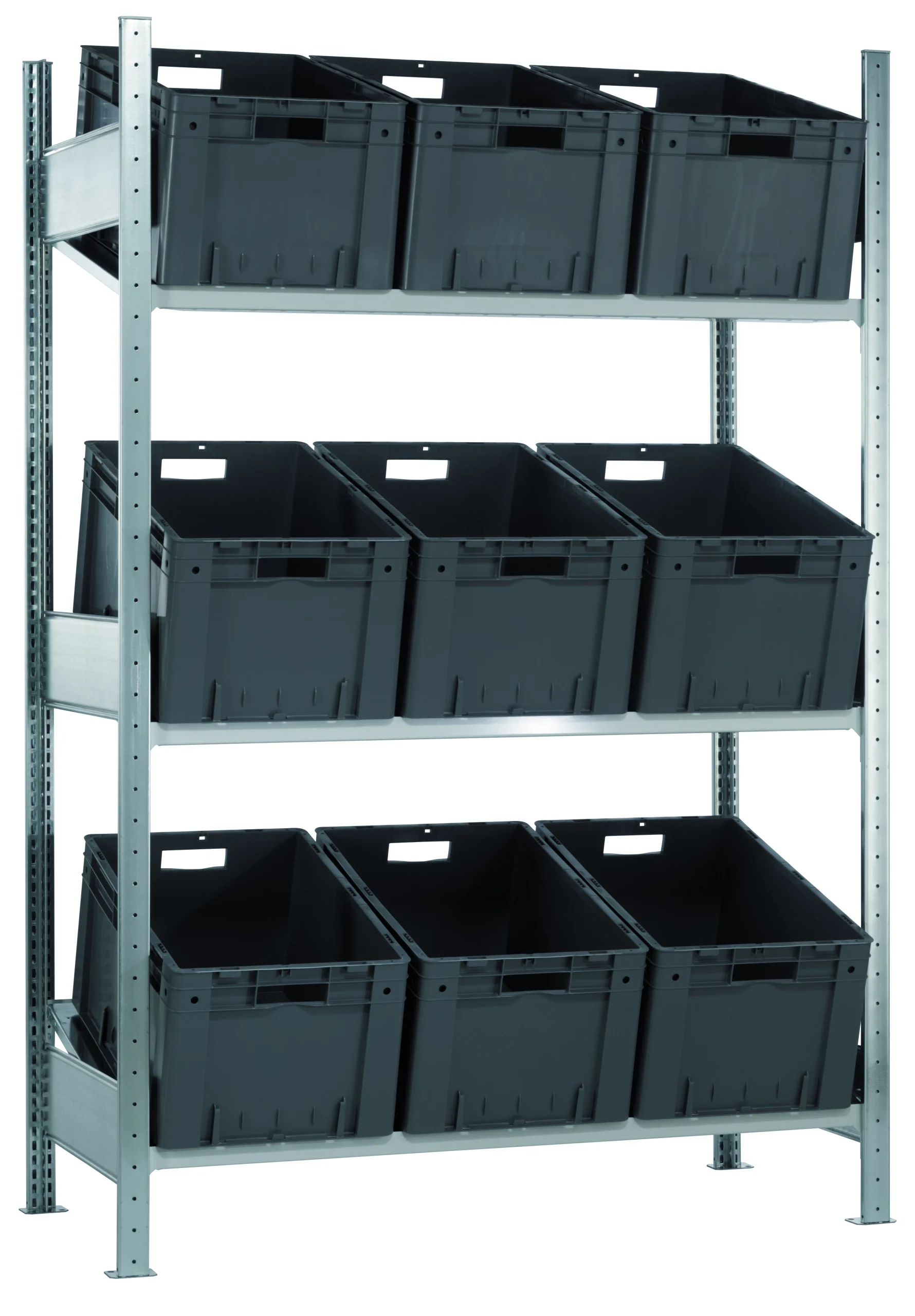 Schulte Schrägbodenregal MULTIplus150 | Grundregal ohne Behälter | HxBxT 200x130x60cm | 3 Fachböden | Traglast 150kg | Verzinkt/Lichtgrau