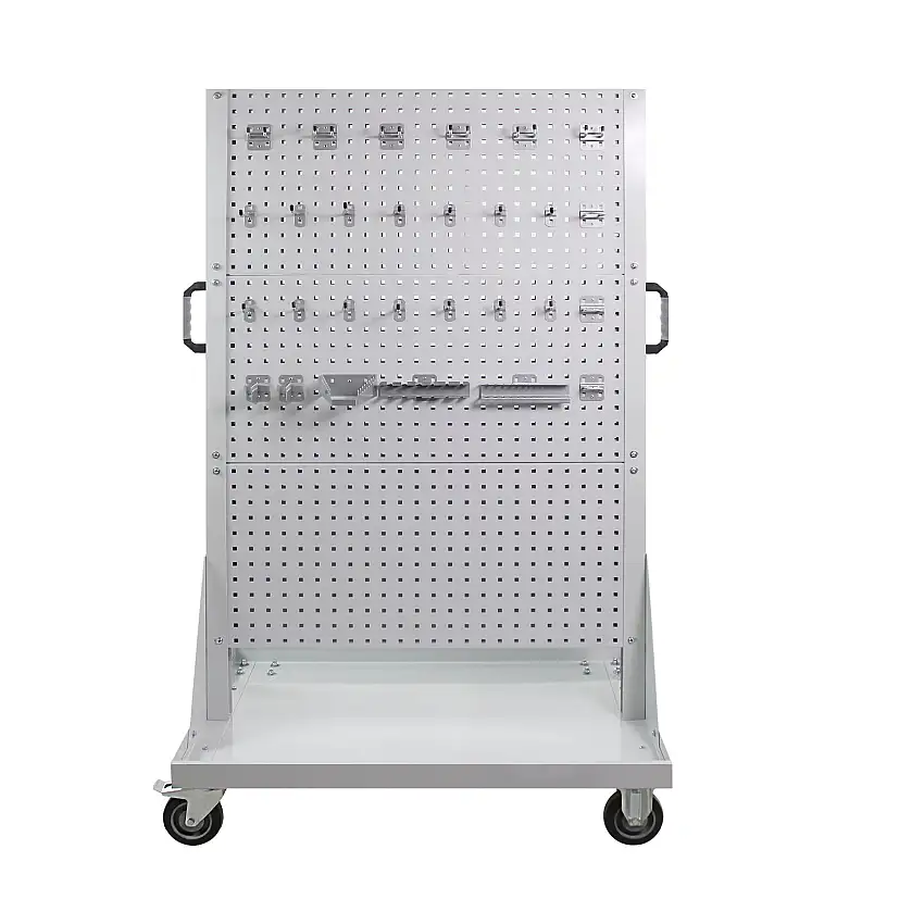 Rollwagen mit 6 Lochplatten + 28-teilige Haken-Set | HxBxT 171x106,5x73cm | Lichtgrau