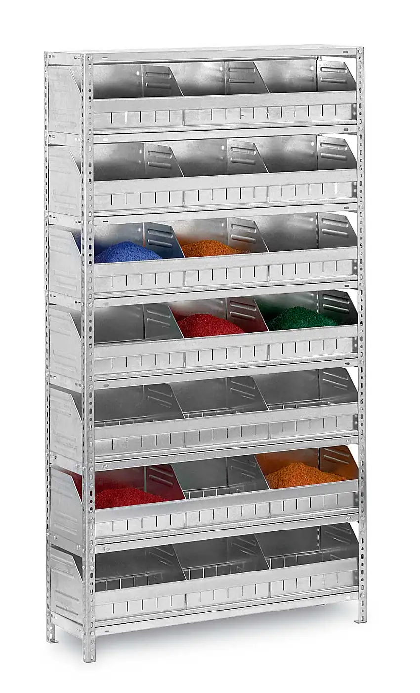Schüttgutregal Schraubsystem MAGNUS Made in Germany | Grundregal | HxBxT 185x100x30cm | 8 Ebenen | Fachlast 60kg | 21 Schüttgutfächer | Verzinkt